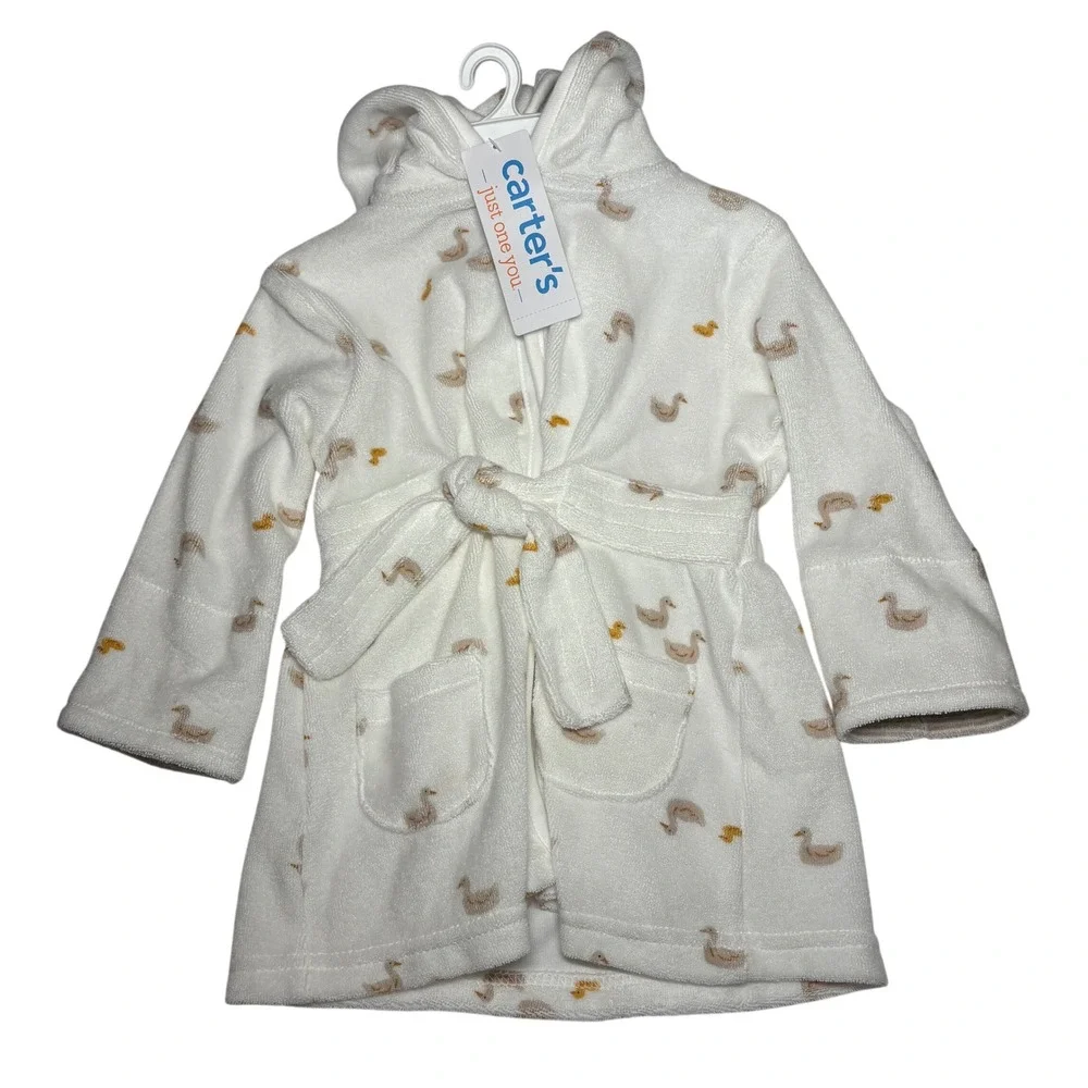 Carters Just One You NWT Baby Hooded Bath Robe White Duck Print : 0-9M